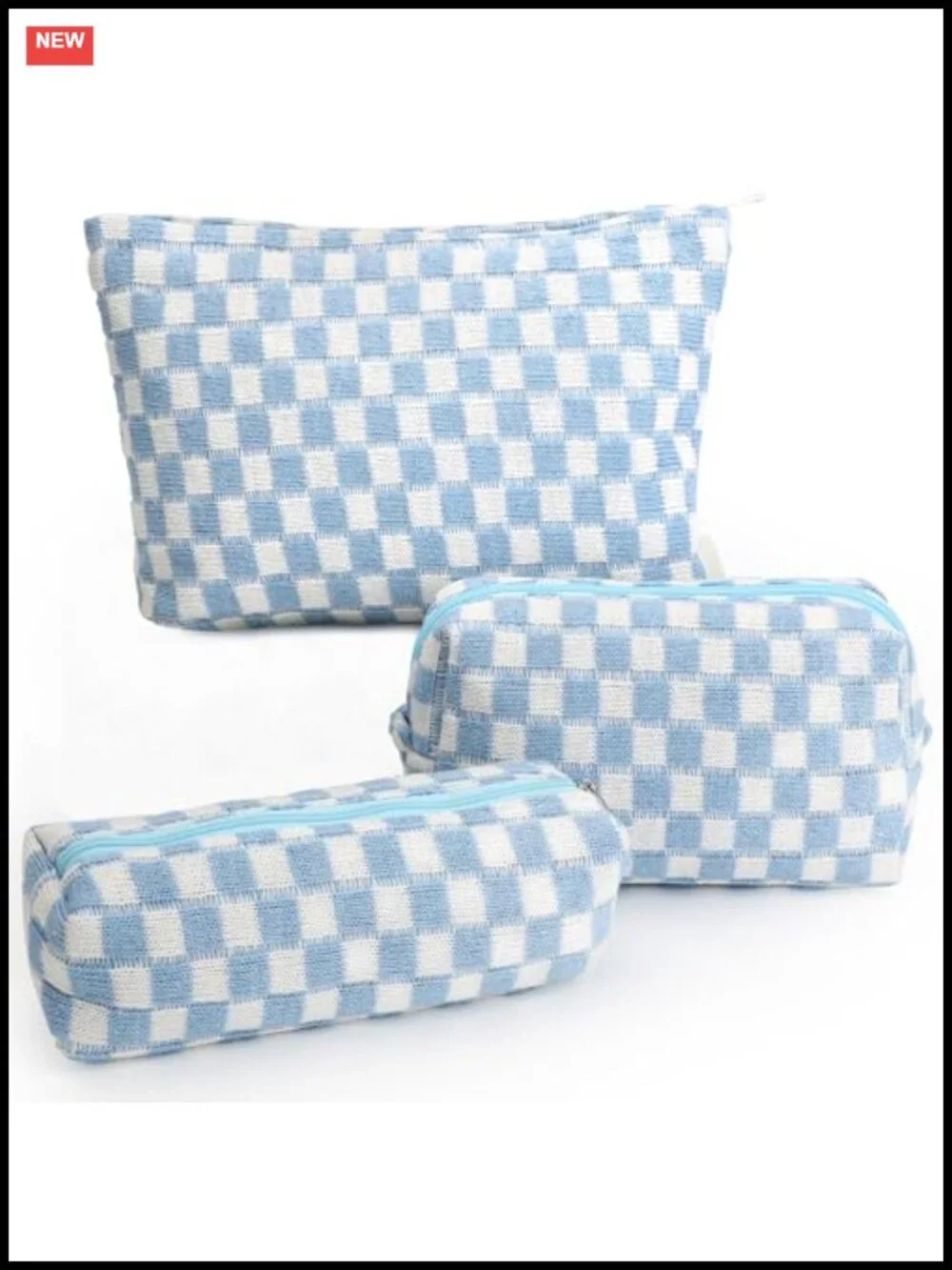 Checkered Canvas Makeup Bag Set of 3 Travel Toiletry Organizer Pouch for Women